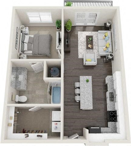 Floor plan for 1 bed, 1 bath, 698 sqft