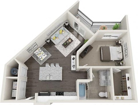 Floor plan for 1 bed, 1 bath, 727 sqft