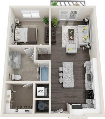 Floor plan for 1 bed, 1 bath, 698 sqft