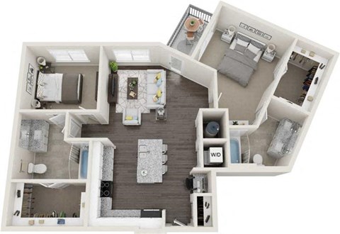 Floor plan for 2 beds, 2 baths, 1051 sqft