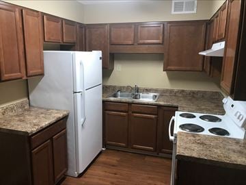 Cleveland apartment for rent - a kitchen with wooden cabinets and a white refrigerator