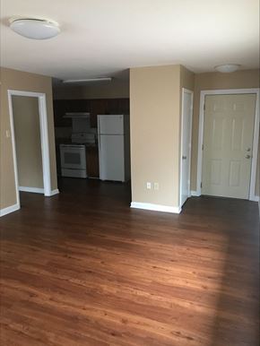 Cleveland apartment for rent - an empty living room with wood floors and a kitchen