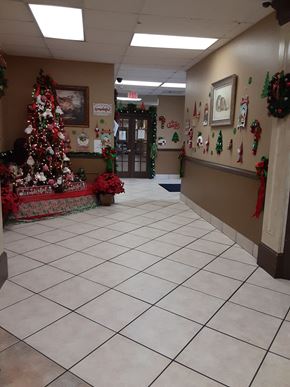 Mobile apartment for rent - a christmas tree in the hallway of a building