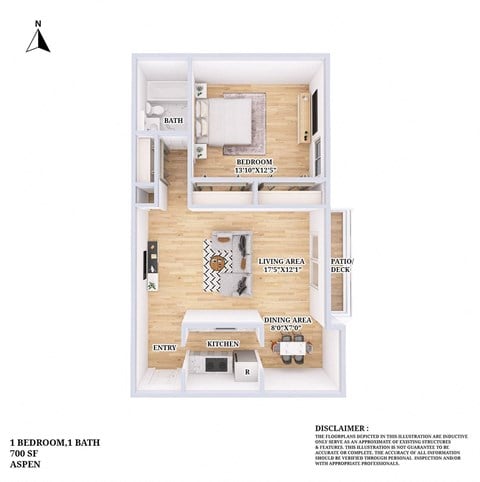 Floor plan for 1 bed, 1 bath, 700 sqft