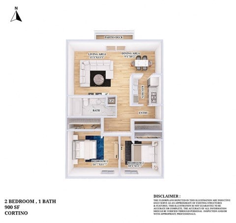 Floor plan for 2 beds, 1 bath, 900 sqft