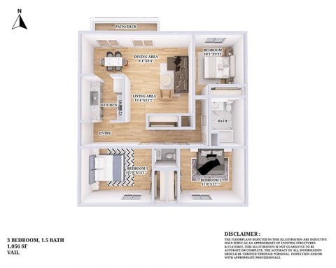 Floor plan for 3 beds, 1.5 baths, 1056 sqft