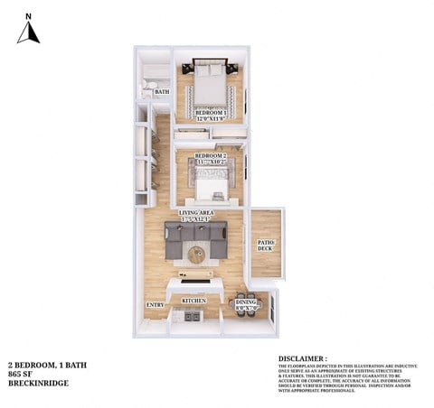 Floor plan for 2 beds, 1 bath, 865 sqft