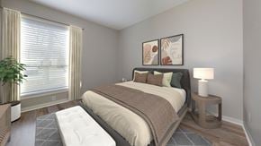 Indianapolis apartment for rent - Bedroom with framed botanical artwork and large window at Summit at Keystone Apartments, Indianapolis