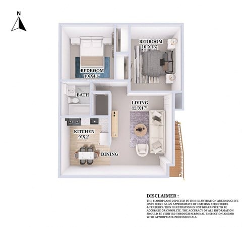 Floor plan for 2 beds, 1 bath, 745 sqft