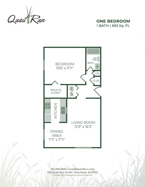 Floor plan for 1 bed, 1 bath, 693 sqft