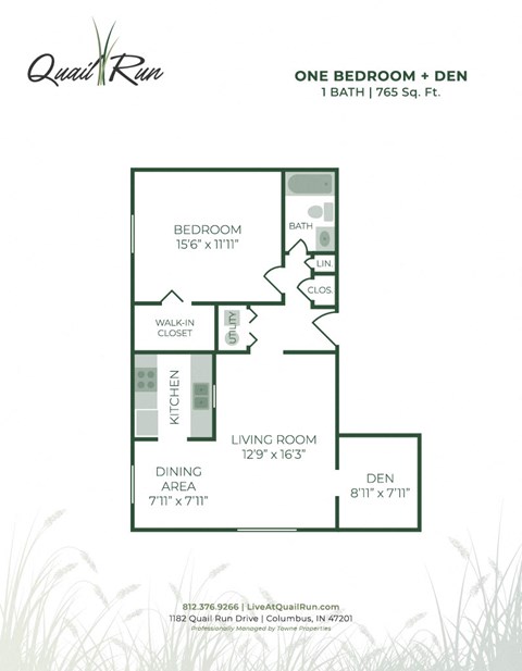Floor plan for 1 bed, 1 bath, 765 sqft