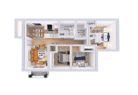 Floor plan for 3 beds, 2 baths, 1044 sqft