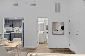 Bellevue apartment for rent - A modern kitchen with a dining table and chairs.