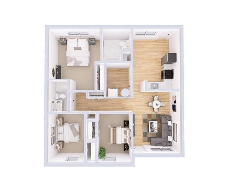 Floor plan for 3 beds, 2 baths, 1160 sqft
