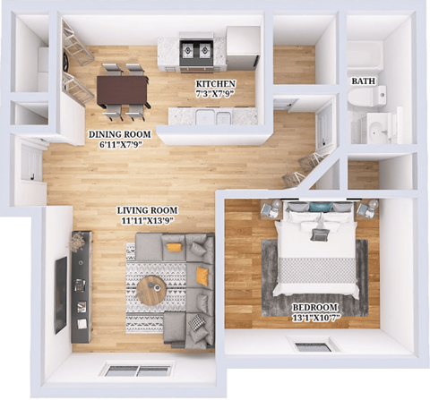 Floor plan for 1 bed, 1 bath, 677 sqft