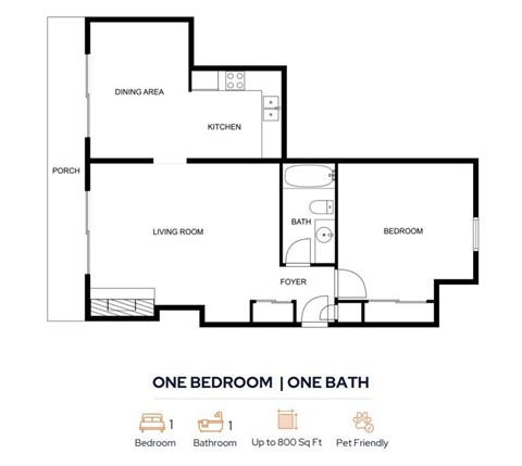Floor plan for 1 bed, 1 bath, 800 sqft