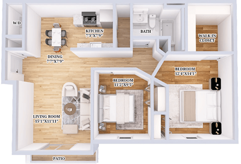 Floor plan for 2 beds, 1 bath, 933 sqft