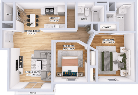 Floor plan for 2 beds, 2 baths, 933 sqft