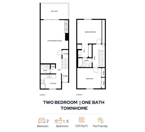 Floor plan for 2 beds, 1.5 baths, 1120 sqft