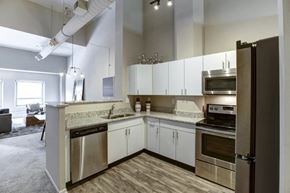 Cincinnati townhouse for rent - a kitchen with stainless steel appliances and white cabinets at The Lofts at Shillito Place, Cincinnati, Ohio