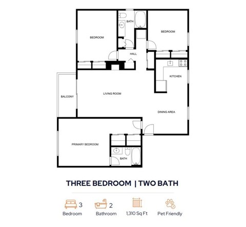 Floor plan for 3 beds, 2 baths, 1310 sqft