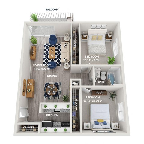 Floor plan for 2 beds, 1 bath, 883 sqft