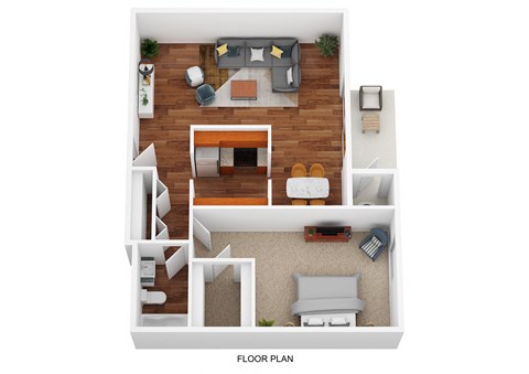 Floor plan for 1 bed, 1 bath, 684 sqft