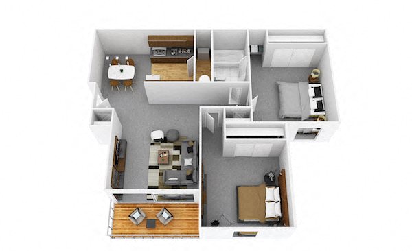 Floor plan for 2 beds, 1 bath, 797 sqft