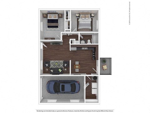 Floor plan for 2 beds, 1 bath, 975 sqft