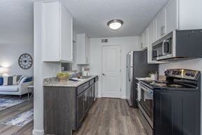 Muncie apartment for rent - an open kitchen with black appliances and white cabinets