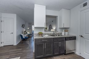 Muncie apartment for rent - an open kitchen and living room with white cabinets and a sink