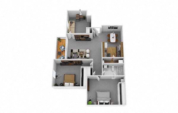 Floor plan for 2 beds, 1 bath, 895 sqft