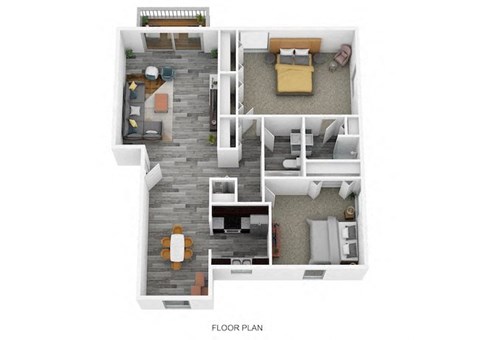 Floor plan for 2 beds, 2 baths, 970 sqft