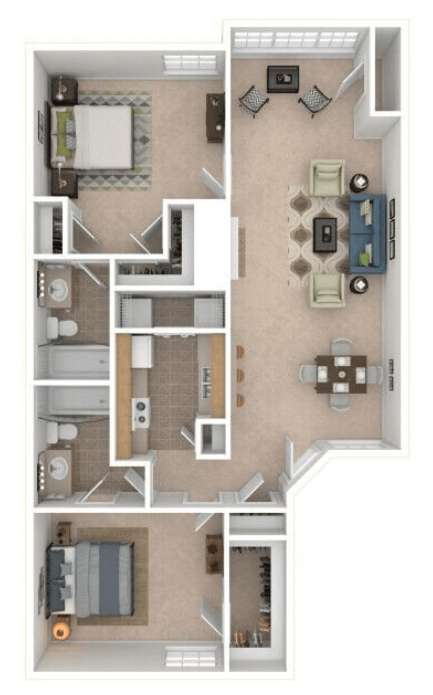 Floor plan for 2 beds, 2 baths, 1070 sqft