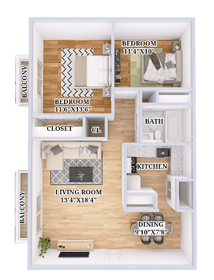 Floor plan for 2 beds, 1 bath, 921 sqft