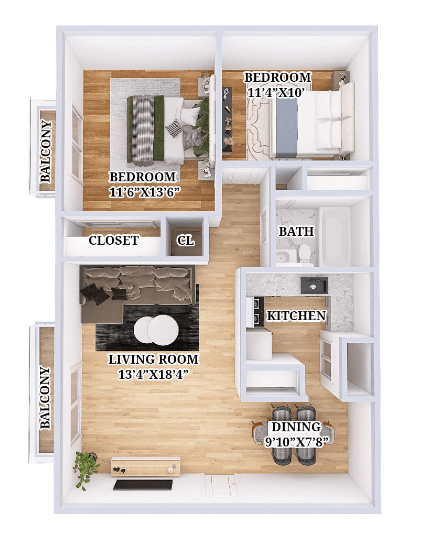 Floor plan for 2 beds, 1 bath, 921 sqft