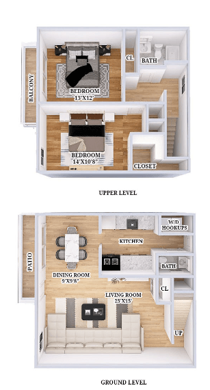 Floor plan for 2 beds, 1.5 baths, 1200 sqft