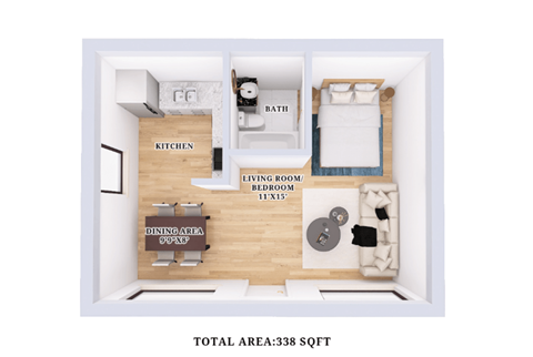 Floor plan for studio, 1 bath, 338 sqft