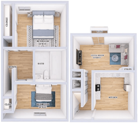 Floor plan for 2 beds, 1.5 baths, 1000 sqft