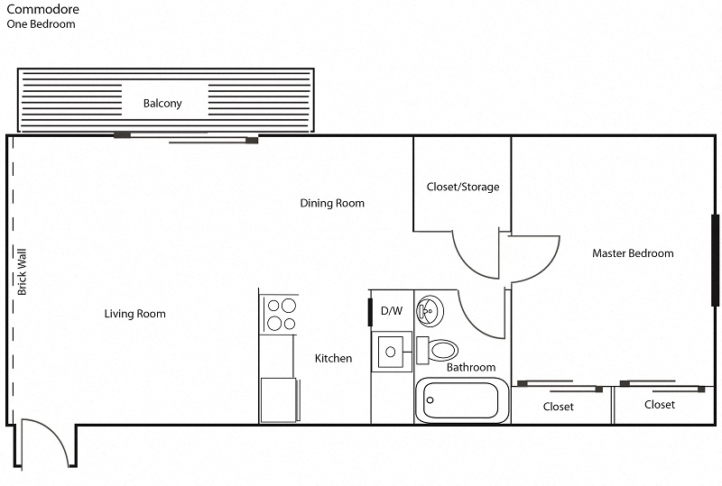 Floor plan for 1 bed, 1 bath, 775 sqft