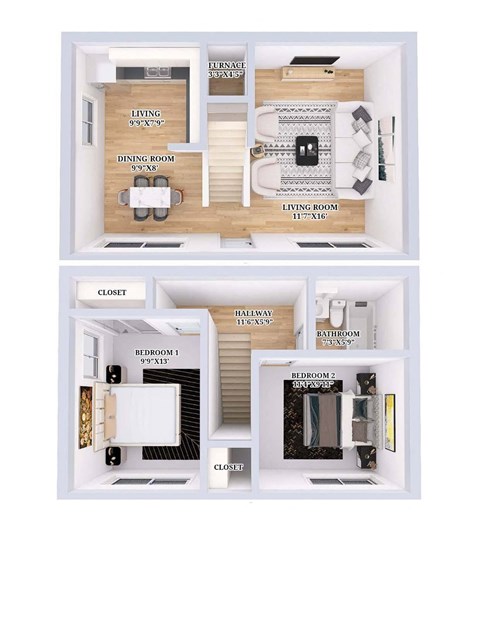 Floor plan for 2 beds, 1 bath, 745 sqft