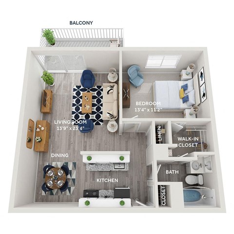 Floor plan for 1 bed, 1 bath, 636 sqft