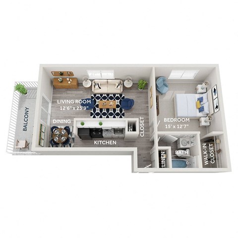 Floor plan for 1 bed, 1 bath, 833 sqft