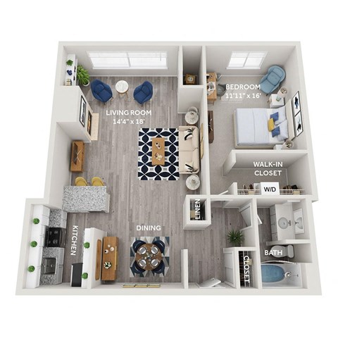 Floor plan for 1 bed, 1 bath, 900 sqft