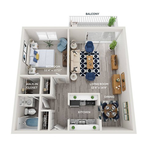Floor plan for 1 bed, 1 bath, 633 sqft