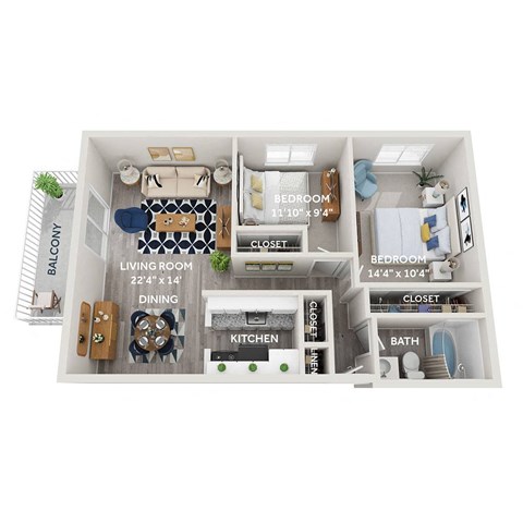Floor plan for 2 beds, 1 bath, 855 sqft