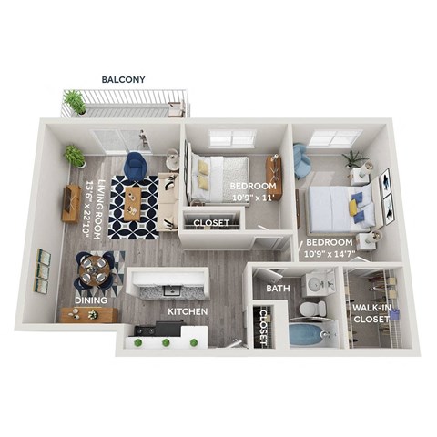 Floor plan for 2 beds, 1 bath, 795 sqft