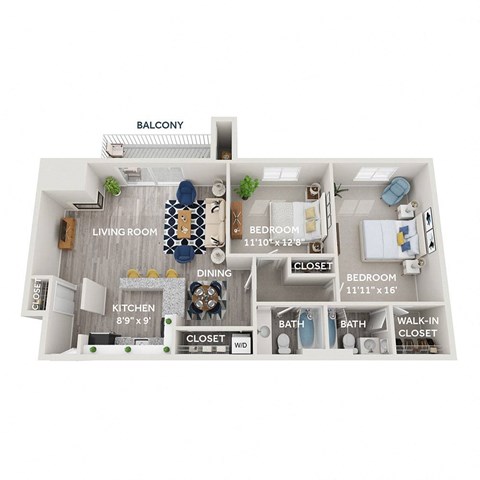 Floor plan for 2 beds, 2 baths, 1150 sqft