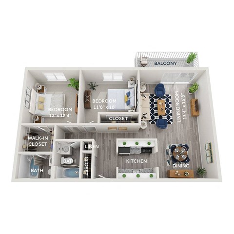 Floor plan for 2 beds, 2 baths, 1000 sqft