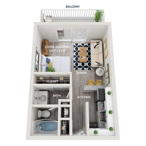 Floor plan for studio, 1 bath, 384 sqft